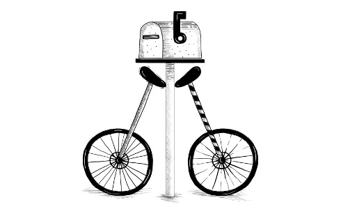 Illustration showing two unicycles leaned against a mailbox